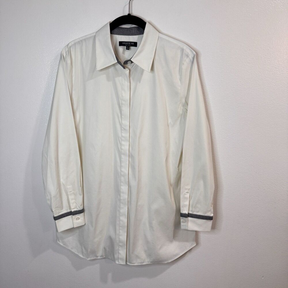 Lafayette 148 New York Shirt Tunic M Button Front White Gray Metallic Stretch